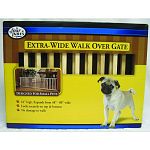 Four paws double-wide 18 inch high walk-over wooden gate is expandable up to 80 inches thats over 6 and a half feet wide). At 18 inches high it will keep small dogs and older dogs contained that have lost their vertical leap!