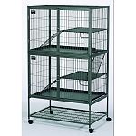 Designed with ferrets and owners in mind, features full-width door openings, dual locking door latches, Wide shelves and full platform pans for maximum play area, swing-up locking ramps that securely separate ferrets for feeding And care