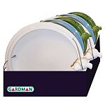 High-glazed ceramic in modern pastel colors. 9 inch diameter. Three-leg stainless steel hanger. Tray includes 2 blue, 2 green and 2 cream colored bird baths.