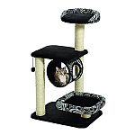 Ultra-soft faux fur with designer print fabric. Sturdy multi-tier design provides perfect retreat for lounging and play. Bolstered lounging perch, resting bench, lounging lookout and low bolstered bed with sisal-wrapped supports.