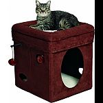 Cozy hideaway with large entry. Cushioned bed topper with stuffed bolsters. Hide and seek side cut-outs. Hanging plush toys with jingle bell. Soft faux suede and synthetic sheepskin. Easy assembly and folds down for storage. Hang tag includes quick and ea