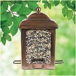 Rounded lid design gives this feeder a charming and softer appeal. Holds up to 5 pounds of seed and has 4 feeding stations. Antique copper finish. Sure-lock cap system that keeps squirrels out. Bird-preferred u-shape perches.