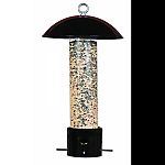 Features a protective feeder dome that tilts and wobbles to throw squirrels off balance, leaving the bird seed for the birds. Patented weight-activated base also tilts to instantly close off the port and deny access to the seed. Has four feeding ports, an