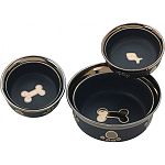 Stylish stoneware dish has a metallic rim and accents. Matte black finish.