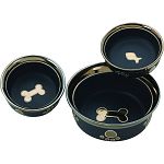 Stylish stoneware dish has a metallic rim and accents. Matte black finish.