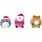 Cute, round plush dog toy with squeaker Comes in a festive, holiday assortment