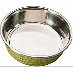 The soho basketweave dish is a trendy basket weave design with non skid rubber rim.