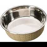 The soho basketweave dish is a trendy basket weave design with non skid rubber rim.