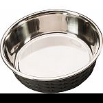 The soho basketweave dish is a trendy basket weave design with non skid rubber rim.