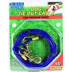 For medium dogs up to 50 lbs Tangle free Weather resistant Extra strong snaps and cable Easily attached to post or stake