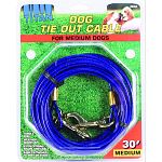 For medium dogs up to 50 lbs Tangle free Weather resistant Extra strong snaps and cable Easily attached to post or stake