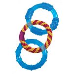 Combines the floppy feel with durability in a great tug toy. Dental benefits are a plus as textures massage gums and the rope link helps remove soft tartar as dogs chew. Solid construction in rings adds durability. Multiple textures help keep dog s intere