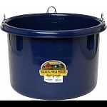 Plastic feeder for livestock that is deep enough to prevent spillage Easily mounts in any stall with three steel eyelets built into the rim (additional mounting hardware not included) Also can be used on the ground or stall floor Molded from tough polyeth