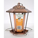 Metal construction. Easy to clean and fill. Features fold-down perches for better access by large birds.