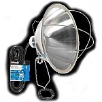 Woods clamp on brooder light with clamp. Model 166. Heavy-gauge aluminum reflector. 250 watt.  Insulated porcelain socket. Snap-on reflector bulb guard. Hang-up hook. Size: 10.5 inches.