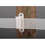 Holding poly tape to wood post , nail included white insulator. Plastic.