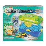 Kit contains carefresh complete hamster and gerbil food, carefresh bedding in assorted colors, and assorted chew treats. Kit also includes a critter universe 1-level home with food dish, water bottle and exercise wheel.