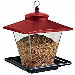 Bright red roof on this classic hopper style feeder adds color which in turn will attract some birds.