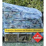 Uv resistant high density polyethylene material. 10 x 8 weave per square inch, approximately 4-5 mil. Thick. Non-reflective fabric finish, 1000 denier. Camouflage pattern, light green, green and brown. Heat sealed seams, rope-lined, heat sealed or double