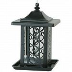 The Garden Gate Wild Bird Feeder is constructed of black, powder-coated and rust-resistant steel that is made to last. Beautiful metal design with clear container inside to hold seed. Feeder has a perch all the way around it for feeding multiple birds.