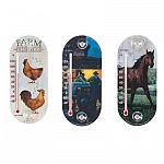 The Chaney 8 in. Farm Scene Suction Cup Thermometers are available in assorted pictures of a Tractor with Farmer, Horse and Hens with Farm Fresh Eggs. These weather resistant thermometers are made to be durable and will not discolor in the sun.