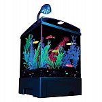 Features blue led s that enhance the glofish colors. Includes a seamless 1.5 gallon aquarium, black aquarium background, light with 9 blue led s, clear cover. . . Also includes black base with drawer, tetra 3i internal filter, air pump, air line tubing an