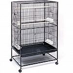 Large wrought iron flight cage features 2 large front doors for easy access to birds and a bottom shelf for storing food. Four plastic double cups, 2 wood perches and a pull-out bottom grille and drawer for easy cleaning. Designed for parakeets and other