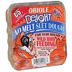 Oriole Delight has Rendered beef suet, peanuts, papaya, orange flavoring, corn and oats. Delights are mixed into a soft dough texture which is pressed into cake form. C&S's process creates the only true NO MELT suet product line.
