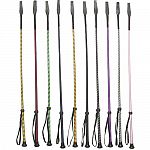 This is a package of 10 assorted colored riding crops, which are used when riding your horse. Each has a leather popper end and a wrist loop. Plastic, leather and nylon.