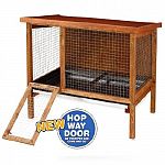 The large rabbitat rabbit hutch now features a new hop way door that allows your rabbit an easy entrance or exit from the cage. It comes with a hinged roof and coated wire floor. Manufactured with exterior grade plywood and a non-toxic weather protective
