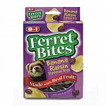 Ferret Bites Banana Raisin Treats are delicious treats for ferrets that contain real fruit. This Banana Raisin treat is soft and chewy and formulated for the diet of ferrets. Contains essential fatty acids that produce healthier skin and shiny coats.