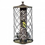 Lets birds in, keeps squirrels out. Wire squirrel barrier allows songbirds to feed undisturbed and prevents squirrels from reaching the center tube feeder.Metal roof, base, feeding ports, perches and barrier. Capacity: 3 lb. Seed