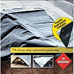 Uv resistant silver and black polyethylene material. 14 x 14 count per square inch, approximately 11-12 mil. Thick. High density woven treated fabric, 1000 denier. Heat sealed seams, rope-lined, heat sealed or double stitched hems. Rustproof grommets in c