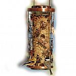 Tube-style wild bird feeder features decorative copper cage design with whimsical garden icons. Inner, plastic tube has twist lock top to help prevent seed theft from squirrels. Eight feeding ports allow multiple wild birds to feed at once.
