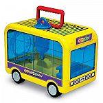 Travel smart with the this hamster, mouse, and gerbil home and carrier that looks like a school bus!  This multi-purpose bus includes real rolling wheels for playtime after a long day of class. When parked, the bus connects directly to any CritterTrail h