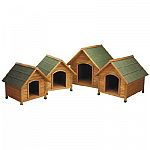The Premium + Aframe Doghouse - Natural Wood gives your dog outdoor protection from all types of incliment weather. Made of solid wood construction with a shingled roof and has waterproof feet. Peak roof design provides more head room inside.