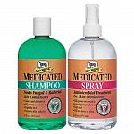 Medicated shampoo cleans and disinfects and kills germs on contact. Medicated spray is an antimicrobial treatment for skin conditions and guards against infection. First line of defense against rain rot, ringworm, girth itch and other fungal and bacterial