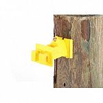 Insulators for wood posts. Rests on 3/4 nail surface and extends wire 2.5 from post. Flexible base fits round or flat sided post. Molded of high density polyethylene with uv inhibitors for all weather durability. Yellow polyethylene with uv inhibitors.