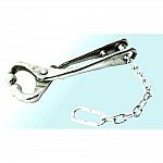 Place lead in to animals nostrils and close gently. Secure handles with 13 1/2 inch nickel-plated metal chain. Lead animal by the chain or handle. Brass.