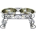 These beautiful mediterranean old world stainless steel double diners have hand crafted scroll work design with a beautiful black powder coat finish that will complement any home decor. Steel frame with 2 stainless steel dishes