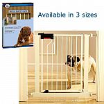 Gate is conveniently pressure mounted so there is no damage to walls. Designed to be gripped and squeezed from the bottom so that dogs cannot place their paws on the handle and open the gate.  Three sizes to choose from. Color: White.