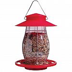 Bright Red Stylish, lantern-style bird feeder that will hold most any type of seeds. Birds eat the seed on the comfort of a circular perch near the bottom.