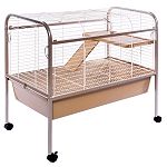 This cage includes ladder, platform, 6.5 inches deep plastic pan, removable bottom grille, 2 large doors, and tubular steel stand with easy-rolling casters.  Compact enough to even fit into an apartment, plus it comes with a ramp and platform.