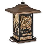 A beautiful buck and doe lantern type birdfeeder that attracts a variety of wild birds to your yard. U-shaped perches adjust to allow you to attract different sized birds and the patented Sure-Lock cap system keeps the lid secure