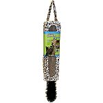 Cats will love this corrugated cardboard scratcher that can be hung from a door hanger. The cover adds style with a leopard type print. Finally the feathery bottom will immediately catch your cats interest.