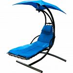 Steel frame hanging lounger chair with padded cushion and pillow. Matching color sun shade. Powder coated steel stand, outdoor plated hardware. Weight capacity: 270 lbs
