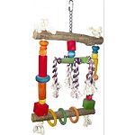 Multicolored design Dozens of small wooden balls, rope, and plastic rings Durable construction for extended uses Easily clips to the top of the bird cage