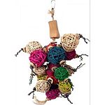 Multicolored java wood toy with sisal rope and round wicker balls Durable construction for extended uses Easily clips to the top of the bird cage