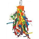 Multicolored design with shreddable sisal ropes Large center wooden block with ropes come out all over Durable construction for extended uses Easily clips to the top of the bird cage