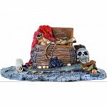 Handcrafted resin, realistic looking abandoned pirate treasure Provides interest, hides and shelter for fish Safe in fresh and saltwater Designed for aquariums, terrariums and most animal habitats Silver tones will illuminate under light